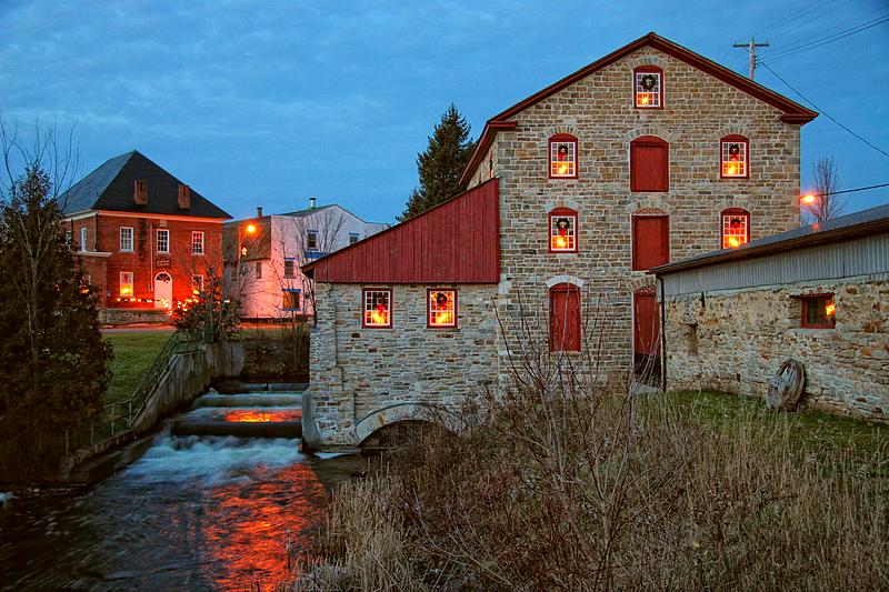 Christmas Lights at The Old Stone Mill (right) and Museum of Industrial Technology (left)