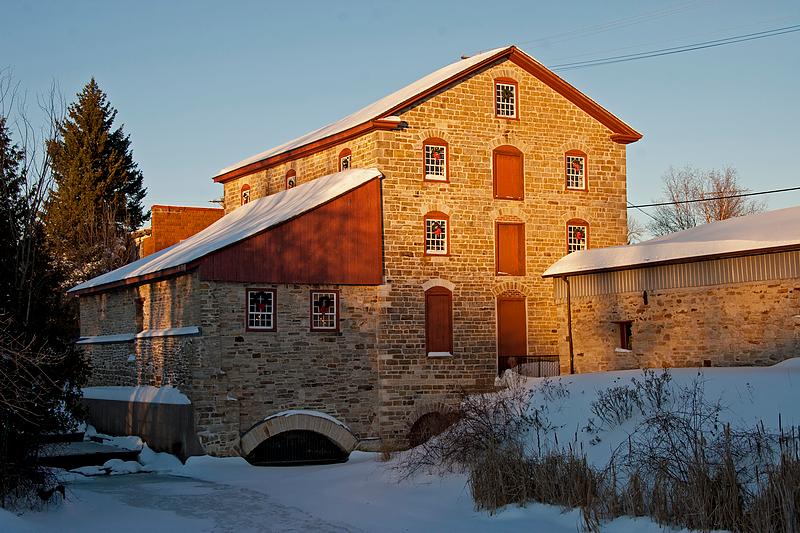 Sunset winter view of the Old Stone Mill National Historic Site of Canada, Delta, Ontario